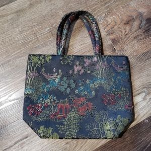 Unbranded navy blue multicolor embroidered oriental floral lined satin purse bag